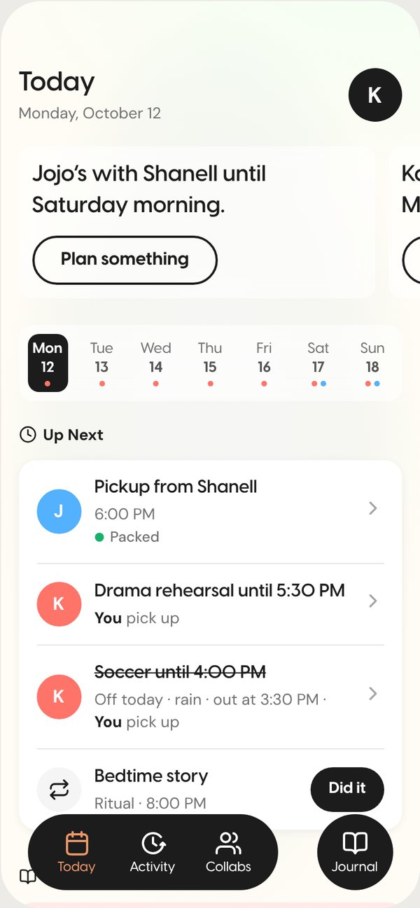Codaze Today screen: Jojo is with Shanell until Saturday morning, the week calendar, and Up Next with a 6:00 PM pickup, drama rehearsal, a cancelled soccer practice, and a bedtime story ritual