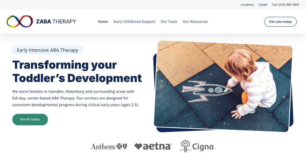 Zaba Therapy homepage: Transforming your toddler’s development, with an Enroll today button
